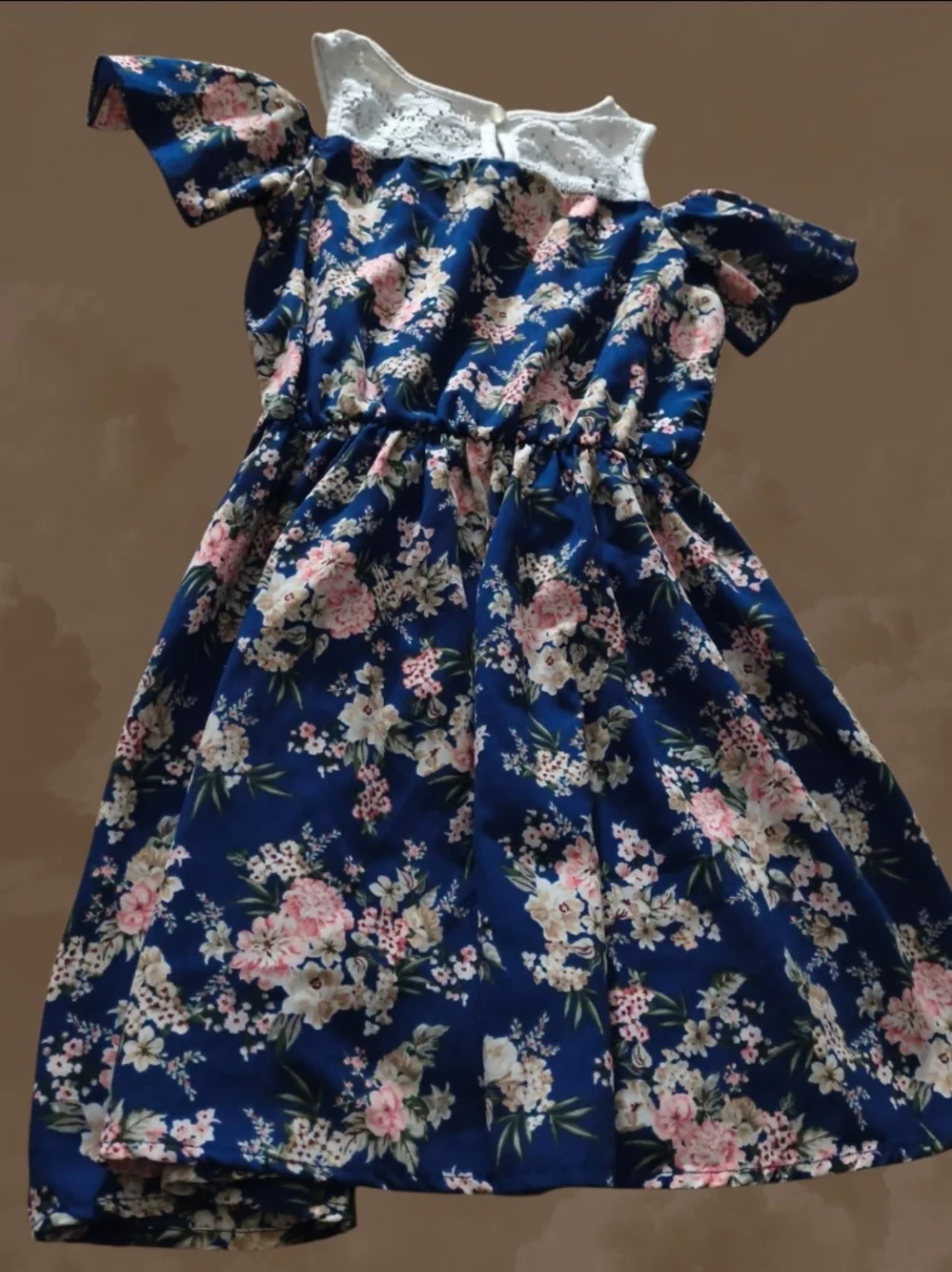 Lily Bleu Girls Size 8 Floral Cold Shoulder Dress Blue Lace Trim EUC